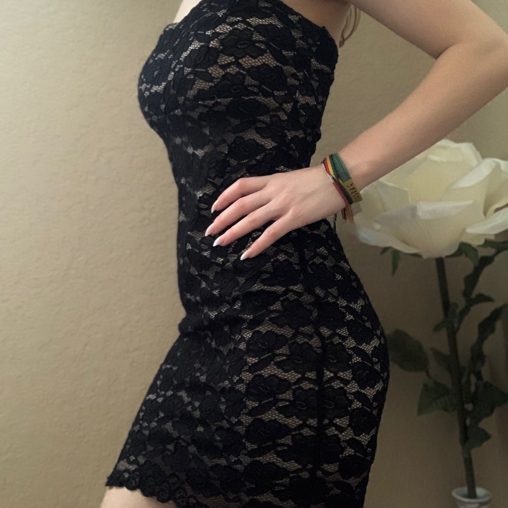 Strapless black floral dress